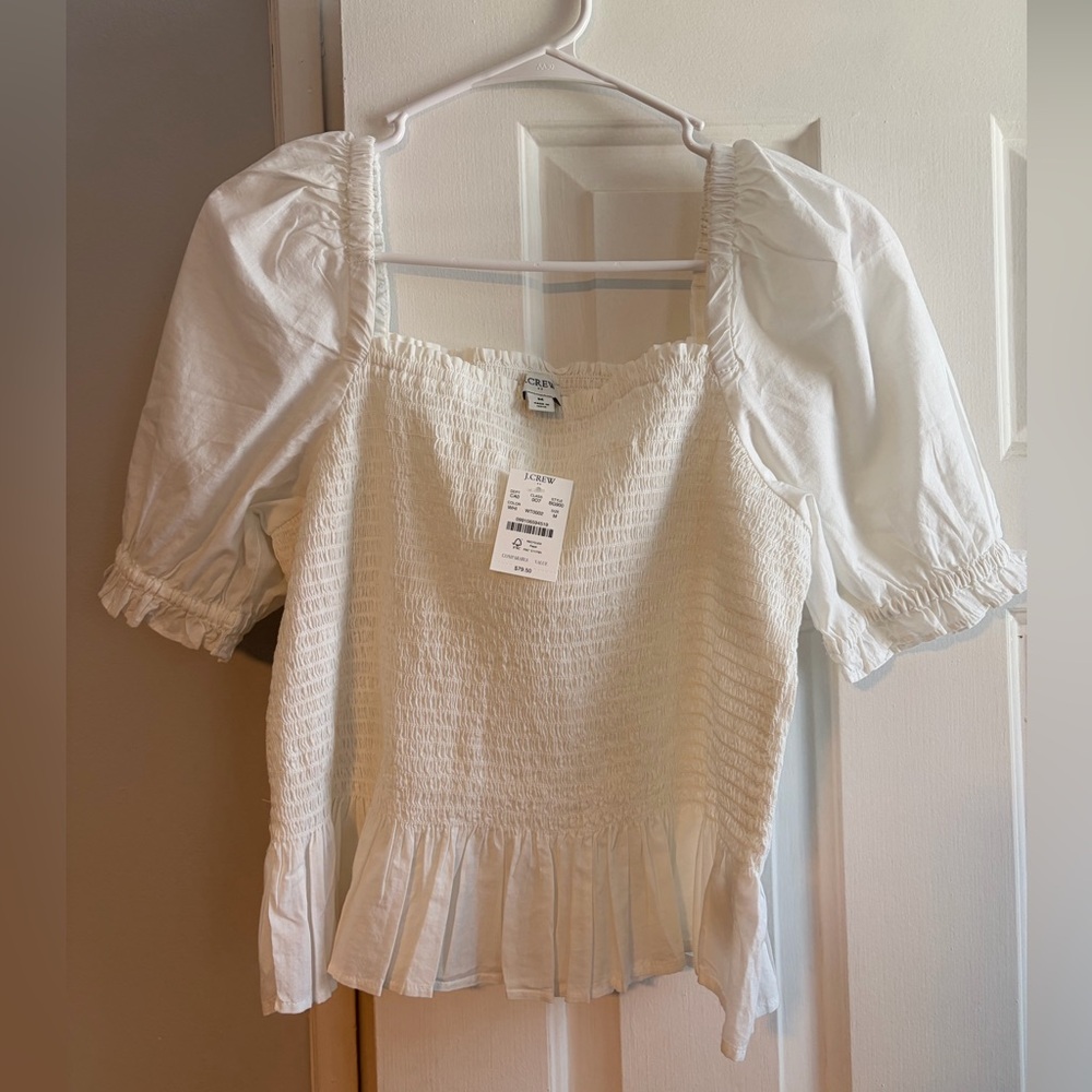 NWT J.Crew White Smocked Peplum Puff-Sleeve Top 100% cotton